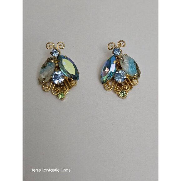 Vintage Juliana Aurora Borealis & Blue Rhinestone Clip-On Earrings - Picture 5 of 8
